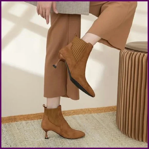 Pointed Toe Ankle Boots Knit Suede Kitten Heels Dressy Winter Booties - Picture 3 of 8